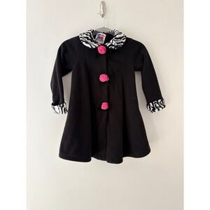 Pete's Partner Girls Black Fleece Zebra‎ Trim Pink Rosette Button Coat Size 6/6X